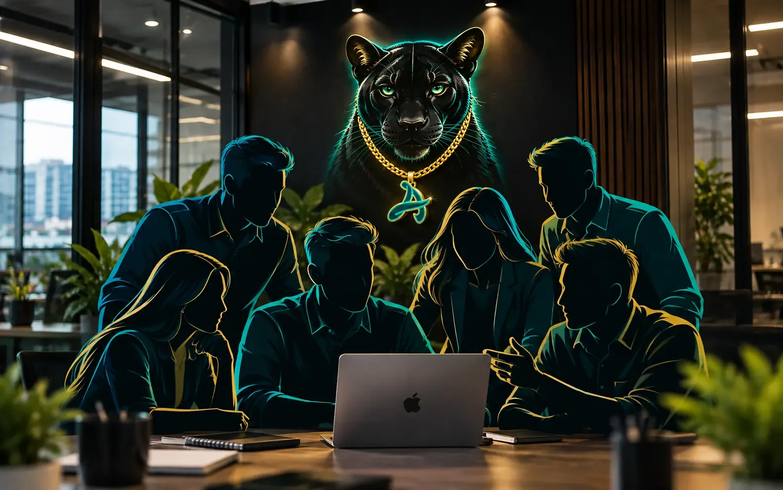 Two IDigitalAKKi Media strategists reviewing a campaign in front of the brand panther wall